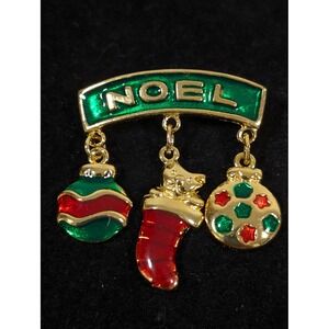 Vintage Van Dell Noel Christmas Brooch Pendant Cat Stocking Enamel‎ Pin